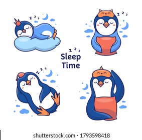 Set of penguin family catching some Z's. The sleep time collection is good for Family look prints, sleep parties, pajamas, stickers etc. Vector illustration cartoon characters with lettering 