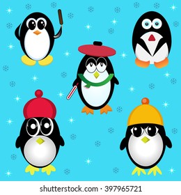 Set of Penguin in Hat, with Thermometer, Ice cream on a Winter Background