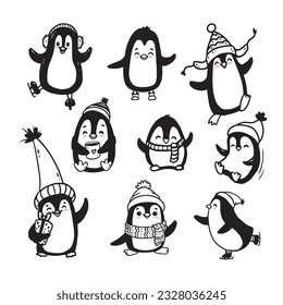 set of penguin isolated on white. Doodle illustration for kids or babies t-shirt design, room decoration, Christmas cards. Vector