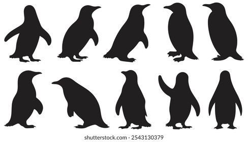 Set von Pinguin Silhouetten in verschiedenen Posen. Vektorgrafik einzeln auf weißem Hintergrund.