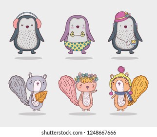 set penguin and squirrel cute animal with hat