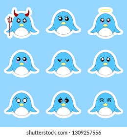 Set of penguin stickers. Different emotions, expressions. Sticker in anime style. Vector Illustration for your design.