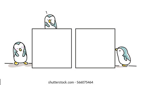 Set of Penguins with board, panel, vector doodle style illustration, and blank space for text insertion, copy space. Funny billboard collection.