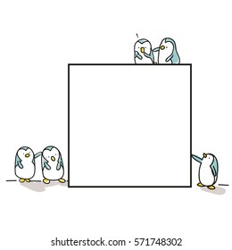 Set of Penguins with board, panel, vector doodle style illustration, and blank space for text insertion, copy space. Funny billboard.