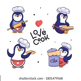 Juego de pingüinos en una gorra y un delantal. El chef de animales de compañía está cocinando. Buena imagen de la familia, diseño de camisetas, pegatinas, etc. Ilustración vectorial con letras