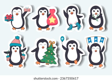 Set of penguins in cartoon design. Illustration is created in a sticker style, and showcasing festive scenes with charming Christmas penguins. Vector illustration.