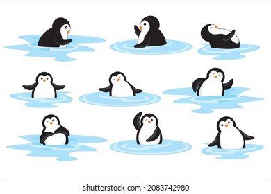 Set penguins. Cartoon Penguin playing in the water vector illustration