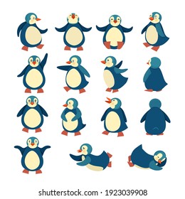 Set of penguins in different poses. One character on the move. Northern bird, childish cute character. Vector flat illustration. Isolated objects on background