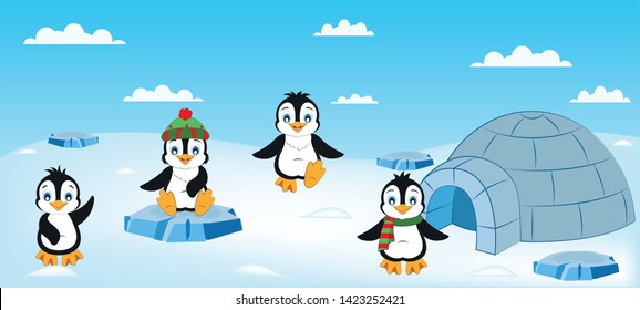 Satz Pinguine in verschiedenen Positionen. Cartoon-Pinguine. Iglu - Vektorillustration