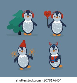 A set of Penguins Happy New Year. Cartoon animals for a postcard for a winter holiday. Poster design with birds and elements of Christmas and New Year. Vector illustration