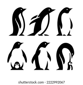 Set of penguins logos in different positions.