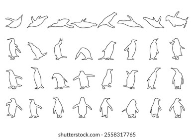 set of penguins on a white background, outline of penguins in different poses walking and skating,vector