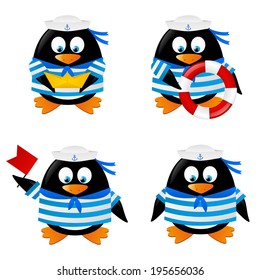 Set of penguins sailors on white