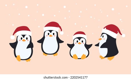 Set Penguins in Santa Claus red christmas hat. Winter background. New Year vector illustration.