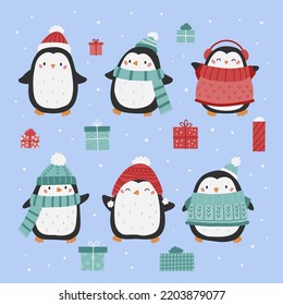 Set of penguins in warm clothes. Hand drawn cartoon characters. Birds with Christmas gifts. Vector illustration for winter holiday.