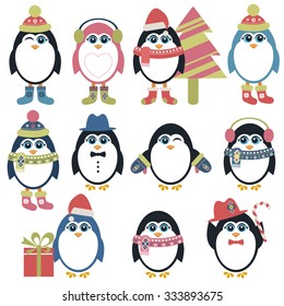 Set of penguins in winter