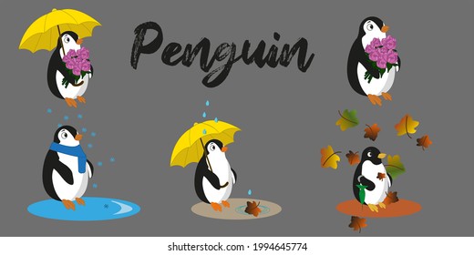 
set of penguins. Winter. Spring. Summer. Autumn.
