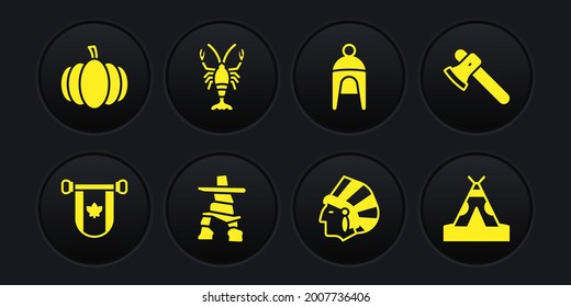 Set Pennant Canada, Wooden axe, Inukshuk, Native American Indian, Winter hat, Lobster, teepee or wigwam and Pumpkin icon. Vector