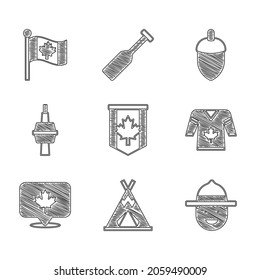 Set Pennant flag of Canada, Indian teepee or wigwam, Canadian ranger hat, Hockey jersey, maple leaf, TV CN Tower in Toronto, Acorn and Flag icon. Vector