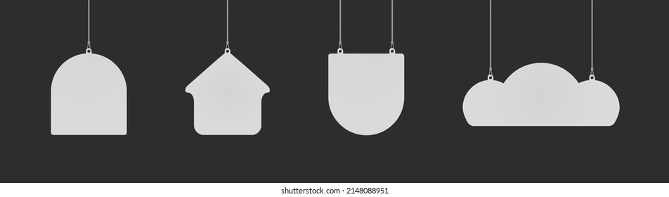 Set of pennant, house and cloud shaped danglers hanging from ceiling realistic mockup. Mock up of advertising promotion pointer for supermarket sale announcement. Mall store label vector illustration