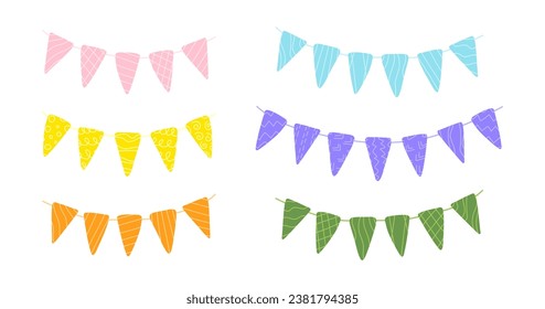 Set pennants party colorful flags. Festive garland decorative elements for different holidays, parties, for Birthday. Colored cute bunting flags set. For festive design, decor, baby decorations. 