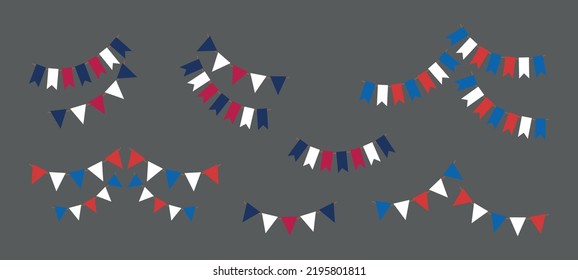 Set pennants party flags in three colors - blue, white and red. Festive party flags decorative elements for different countries, for USA Labor Day, Patriot Day.
