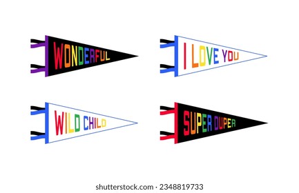 Set pennants. Retro colors labels. Vintage hand drawn wanderlust style. Isolated on white background. Wonderful, Wild child, super duper, I love you. Vector illustration.