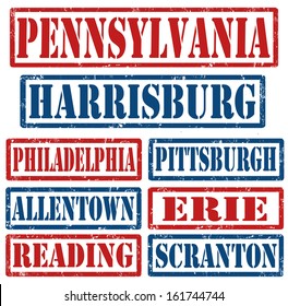 Set of Pennsylvania cities stamps on white background, vector illustration