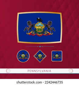 Set of Pennsylvania flags with gold frame for use at sporting events on a burgundy abstract background. Vector collection of flags.