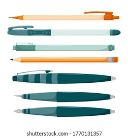 Set of pens, automatic and regular pencils, calligraphy pen. Stationery for writing and drawing. School supplies. Color vector illustration. Flat style. Hand - drawn isolated on a white background