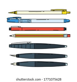 Set of pens, automatic and regular pencils, calligraphy pen. Stationery for writing and drawing. School supplies. Color vector illustration. Doodle style. Hand - drawn isolated on a white background