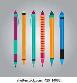 Set of pens in flat design. 
