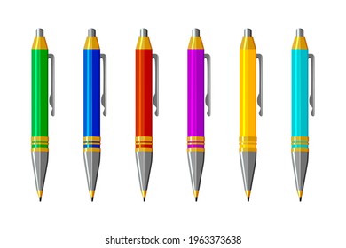 Set pens isolated on white background. Colored office ballpoint pen with a cap. Collection of colorful pen. Tools for writing or school stationery accessory. Design template. Stock vector illustration