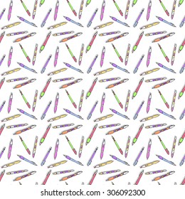 set of pens and marker seamless pattern. School education illustration.