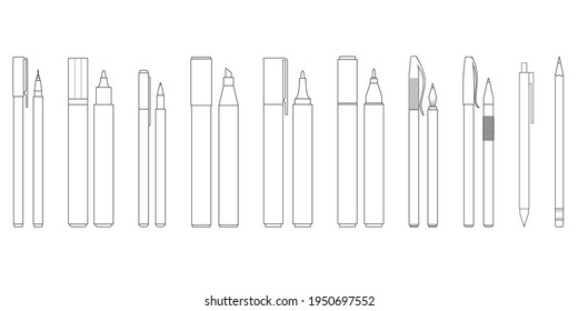 A set of pens and markers. Collection of stationery isolated on white background. Vector illustration