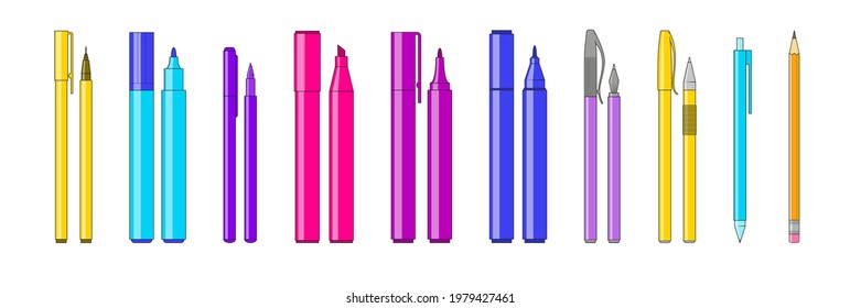 A set of pens and markers. Collection of stationery isolated on white background. Vector illustration