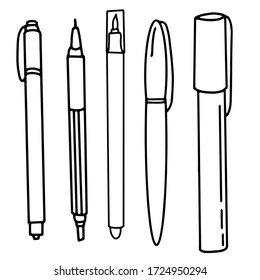 Set of pens on an isolated white background. Black hand draw outline. Back to school, office. Vector illustration.