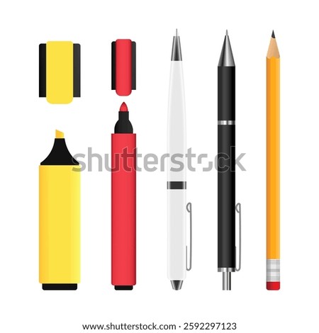 Set of pens, pencil, markers isolated on white background. Office supply and stationary set illustration with yellow pencil, white and black ballpens, red marker, and yellow highlighter marker.