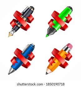 Set of pens and  pencil with red ribbon for design on white, vector illustration