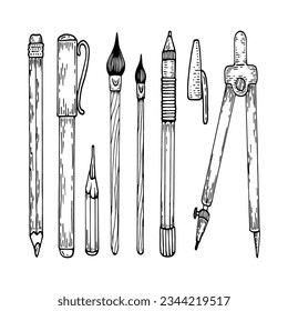 Set pens, pencils, brushes, compasses sketch. Stationery line art. Hand drawn doodle vector illustration.