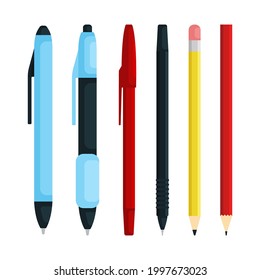 Set of Pens And Pencils With Flat Style Isolated On White Background