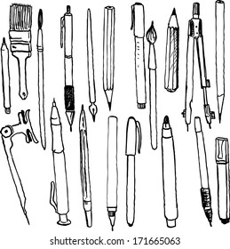 set of pens and pencils, ink drawing instruments, hand drawn vector illustration