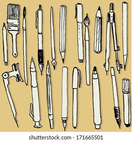 set of pens and pencils, ink drawing instruments, hand drawn vector illustration