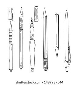 Set of pens and pencils isolated on white background. Hand drawn vector illustration.