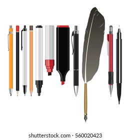 Set of pens and pencils for office, constructor and schools. Vector illustration.