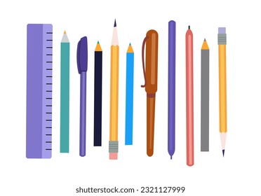 Conjunto de plumas, lápices e ilustración vectorial de regla. 