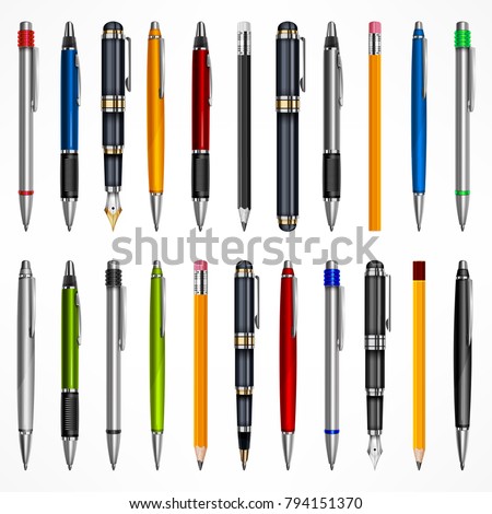 Set of pens and pencils, tools for writing drawing, isolated on white. Vector illustration.