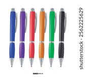 Set of pens in various colors blue red purple green orange and black