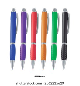 Set of pens in various colors blue red purple green orange and black