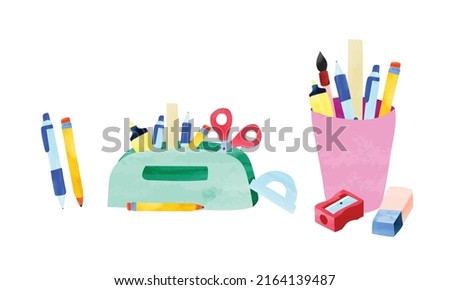 Set of pens watercolor illustration isolated on white background. Water pencil case with filling school stationery such as pencils, highlighter, scissors, ruler. Pen pot hand drawn. School supplies